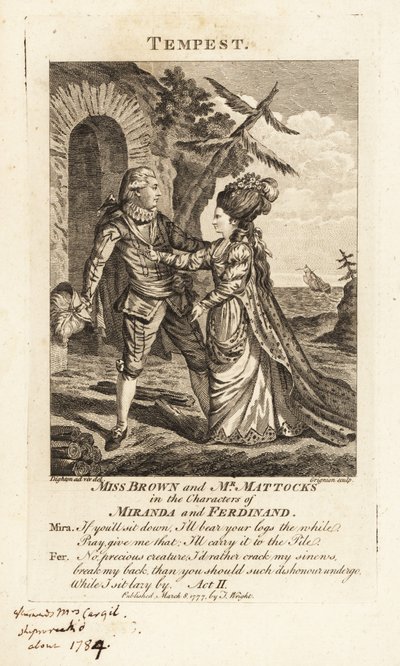 Miss Ann Brown és Mr George Mattocks Miranda és Ferdinand karakterében William Shakespeare A vihar című művének operaváltozatában, Covent Garden Theatre alkotó: Charles Grignion
