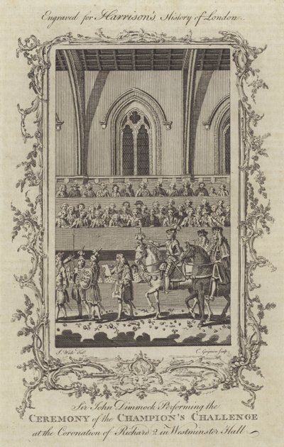 Sir John Dimmock a Champions Challenge ceremóniáján II. Richárd koronázásán a Westminster Hallban, 1377 alkotó: Charles Grignion