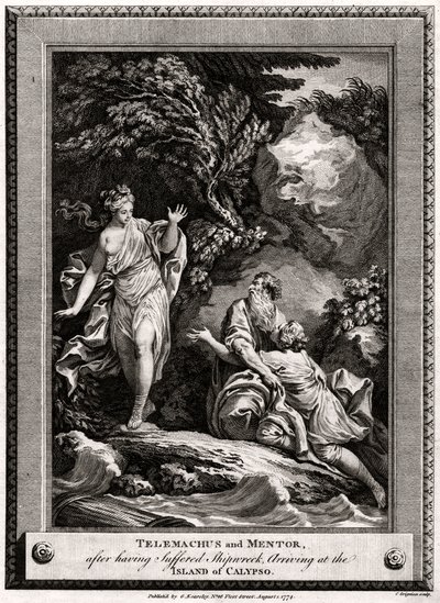 Telemachus és Mentor, miután hajótörést szenvedtek, megérkeznek Calypso szigetére, 1774 alkotó: Charles Grignion