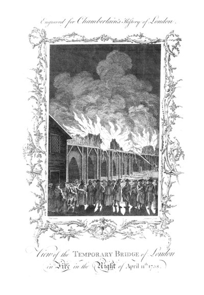 Kilátás a lángokban álló londoni ideiglenes hídra...1758., c1770 alkotó: Charles Grignion
