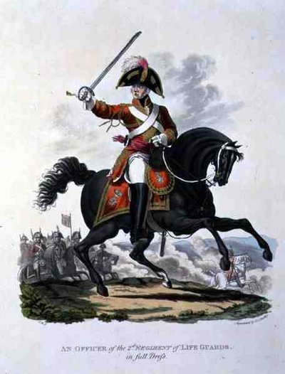 A 2. életvédelmi ezred tisztje teljes öltözetben, Joseph Constantine Stadler metszete. alkotó: Charles Hamilton (after) Smith