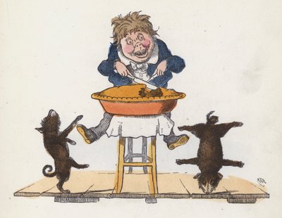 Fiú pitét eszik, miközben kutyája akrobatikus mutatványokat hajt végre (színes metszet) alkotó: Charles Henry (after) Bennett