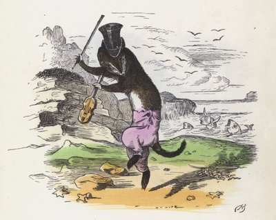 Hegedűn játszó és táncoló francia menyét (színes metszet) alkotó: Charles Henry (after) Bennett