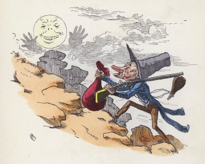 Ember felmászik egy dombra, hogy a Holdra lőjön (színes metszet) alkotó: Charles Henry (after) Bennett