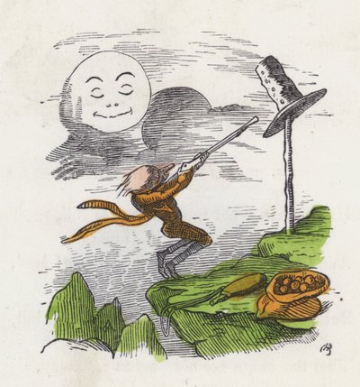 Férfi a kalapjába lő csalódottan, amiért nem tud eltalálni a Holdra (színes metszet) alkotó: Charles Henry (after) Bennett