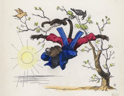 Fán lógó majom a farkánál fogva (színes metszet) alkotó: Charles Henry (after) Bennett