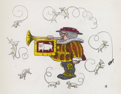 Városi kiáltó trombitát fúj, göndör farkú kutyákkal körülvéve (színes metszet) alkotó: Charles Henry (after) Bennett