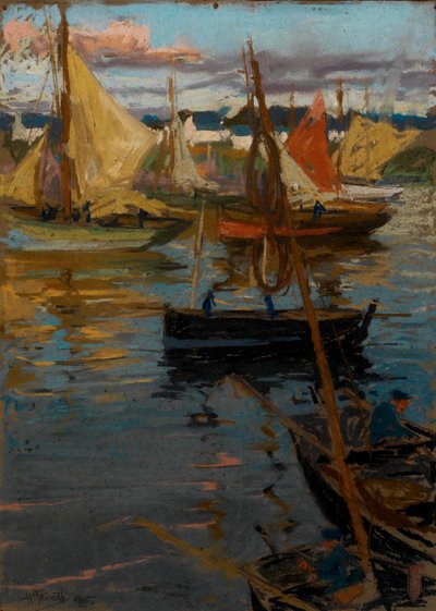 Esti ragyogás rózsaösvénnyel az árnyékban (Boats Concarneau) alkotó: Charles Henry Fromuth