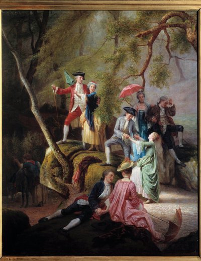 Vidéki szórakozás Galant Scene a nemesek sétája során. Charles Gustave Housez (1822-1880) festménye XIX. Magángyűjtemény alkotó: Charles Housez