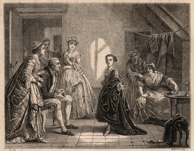 Mademoiselle Clairon gyermekkora: a fiatal Claire-Josephe (Claire Josephe) Leris (1723-1803) szavalja a most látott darab verseit. Komikussá vált „Mademoiselle Clairon” vagy „La Clairon” néven. 1862-es metszet a festőről alkotó: Charles Housez