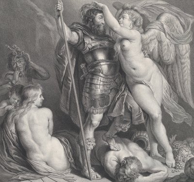Győzelem által megkoronázott hős, aki babérkoszorút helyez a fejére, Vénusz és Ámor a..., kb. 1735-61. alkotó: Charles Hutin