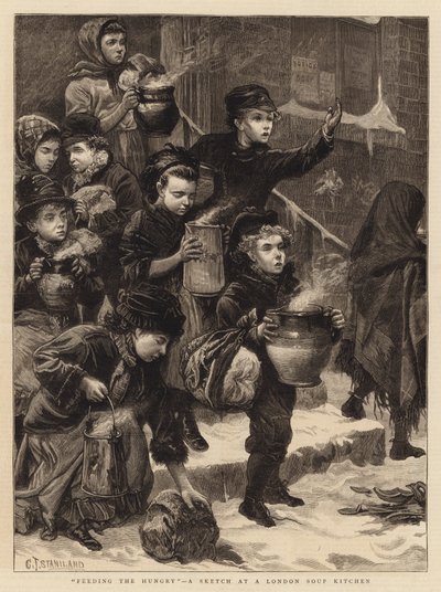 Éhezők etetése, vázlat egy londoni leveskonyhában alkotó: Charles J. Staniland