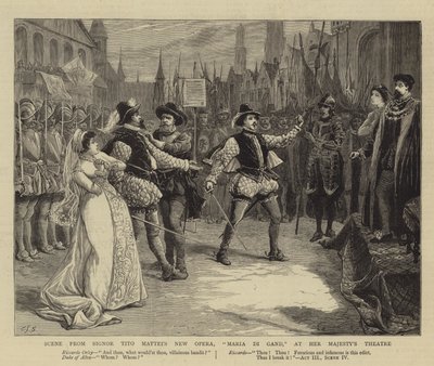Jelenet Signor Tito Mattei Új operájából, a Maria Di Gandból az Őfelsége Színházban alkotó: Charles J. Staniland