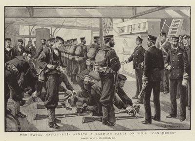A haditengerészeti manőverek, egy partraszálló csapat felfegyverzése a HMS Conqueror-on alkotó: Charles J. Staniland