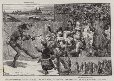 A Pied Piper szexcentenáriumi ünnepsége Hamelinben, Hannoverben, a gyerekek a Piper nyomában alkotó: Charles J. Staniland