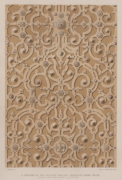 A galéria mennyezetének egy része, Charlton House, Wilts, a mennyezet 17 láb széles és körülbelül 115 láb hosszú (színes litó) alkotó: Charles James Richardson