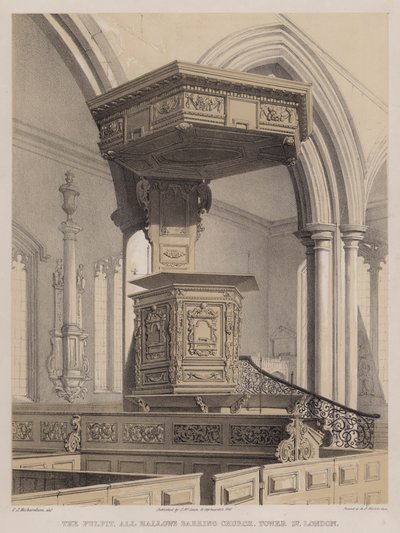 Szószék, All Hallows Barking Church, Tower Street, London (színes litó) alkotó: Charles James Richardson