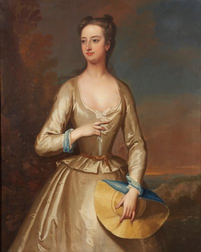 Háromnegyedes portré egy szalmakalapot tartó fehér ruhás hölgyről (olaj, vászon) alkotó: Charles Jervas