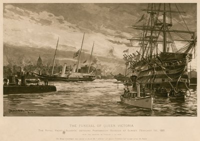 Viktória királynő temetése. Az Alberta királyi jacht, a királynő holttestét szállítva, behajózik Portsmouth kikötőjébe naplementekor alkotó: Charles John de (after) Lacy