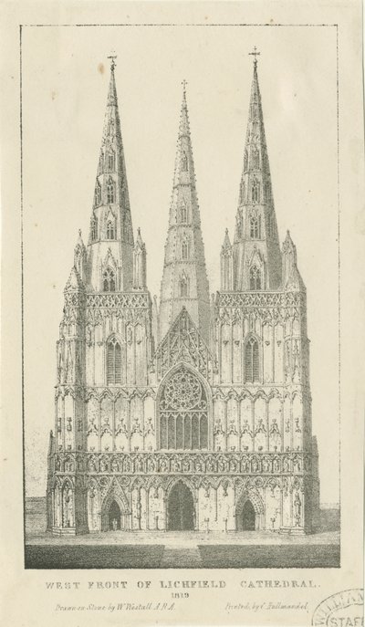 Lichfield katedrális - Nyugati front: metszet alkotó: Charles Joseph Hullmandel