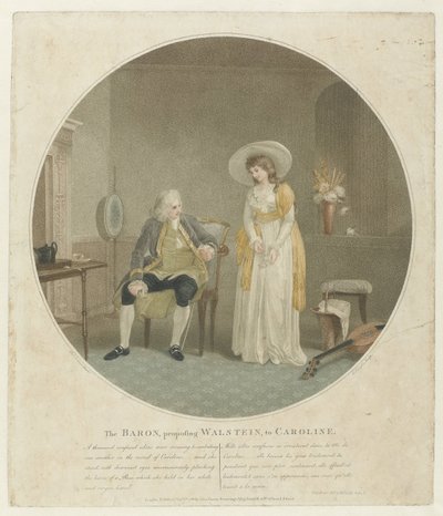 Nő egy fehér rózsával és egy férfi egy széken A báró Walsteint ajánlja Caroline-nak (cím a tárgyon) alkotó: Charles Knight