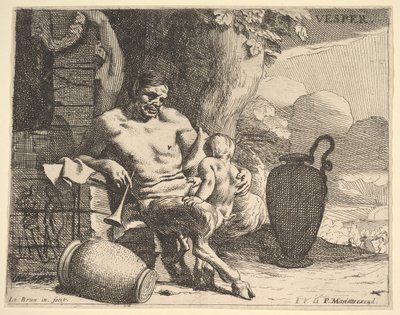 Este: egy ülő szatír összekulcsolja gyermekét, egy alak füzért akaszt a mólón túl, f..., kb. 1640. alkotó: Charles Le Brun