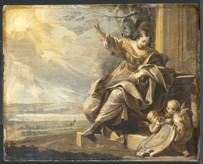 Német: Ülő női alak két puttival és folyami tájkép, Grisaille Allegorikus női alak két puttival alkotó: Charles Le Brun