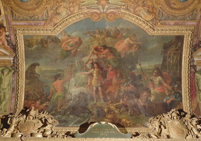 XIV. Lajos király (1638-1715) fegyvert ölt a szárazföldön és a tengeren 1672-ben, mennyezeti festmény a Galerie des Glaces-ből alkotó: Charles Le Brun