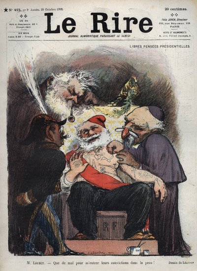 Emile Loubet - Ingyenes elnöki nyugdíj - Loubet úr - Nehéz a bőrömbe vésni a meggyőződésüket! - (Charles Leandre (1862-1934) kigúnyolja az államot, az egyházat és a hadsereget LOUBET elnök ágya mellett, makonikus és egyéb jelekkel borítva) caric alkotó: Charles Leandre