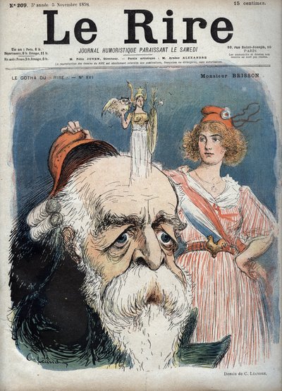 Eugene Henri Brisson (1835-1912), francia ügyvéd, újságíró és politikus – Marianne vörös sapkát emel Bresson fejéről, és úgy tűnik, hogy a fejéből felemelkedik Athéné istennő minden tulajdonságával – Charles Leandre (1862-1934) karikatúrája a „” című filmb alkotó: Charles Leandre