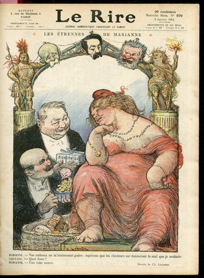 Charles Leandre (1862-1934) illusztrációja a Le Rire borítójára, 03/01/14 - Les strennes de Marianne - Tribun - Clemenceau George, Jaures Jean, Briand Aristide, Marianne, Caillaux Joseph (1863-1944) alkotó: Charles Leandre