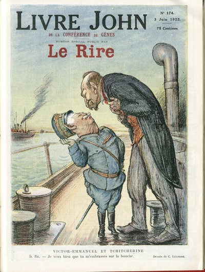 Charles Leandre (1862-1934) illusztrációja a Le Rire borítójára, 03.06.22 - Olaszország, Szovjetunió - Victor Emmanuel 1er, Gueorgui Titcherine (1872-1936) alkotó: Charles Leandre