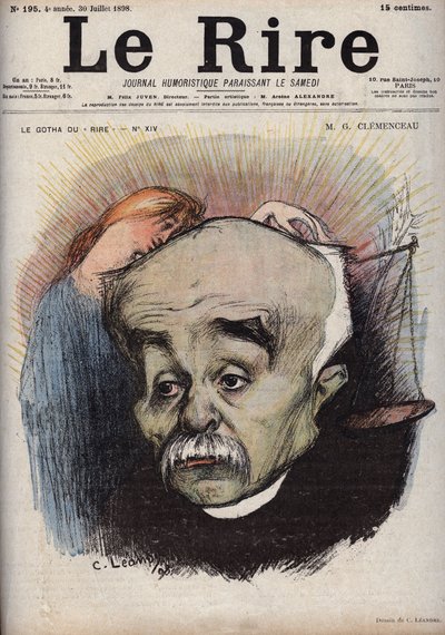 Georges Clemenceau (1841-1929) portréja – a mérleg a La Justice című újságra vonatkozik”” és annak igazgatójára, Cornelius Herzre, aki pénzt kapott Clemenceau-tól – Charles Leandre (1862-1934) karikatúrája a „Le Rire”-ben” július 30-án alkotó: Charles Leandre