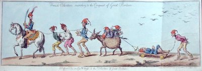Nagy-Britannia meghódítása felé menetelő francia önkéntesek, James Gillray (1757-1815) metszetében Hannah Humphrey 1803-ban (kézzel színezett rézkarc) alkotó: Charles Lorraine (after) Smith