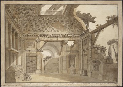 Tervezés a festményekhez Lesueur atya cellájában a római Santissima Trinita dei Monti kolostorban – Charles Louis Clerisseau (1722-1820). Toll, ecset, szürke és barna tinta, fehér színű papíron, kb 1760. Mérete: 36,9x53 cm. Állami Ermitázs, alkotó: Charles Louis Clerisseau