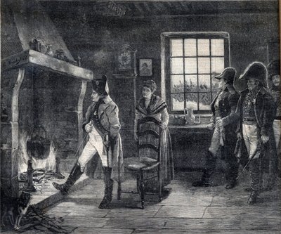I. Napóleon császár fatűz mellett fűti magát a havas tájon - Napóleon az 1814-es waterlooi csata után - Gratke Károly (Charles-Louis) Kratke (1848-1921) festménye utáni metszet alkotó: Charles Louis Kratke