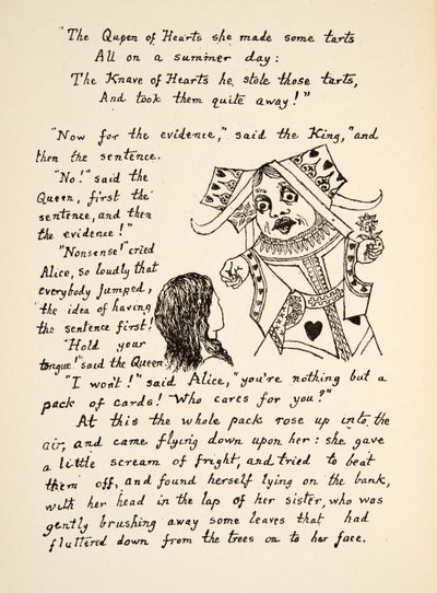 A Vörös Királynő azt mondja: Tartsd a nyelved Alice-nek, illusztráció az Alices Adventures Under Groundból, pub. 1886 (fakszimile) alkotó: Charles Lutwidge Dodgson