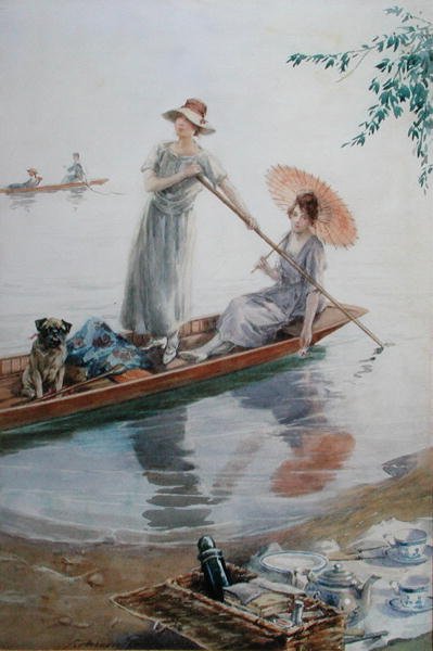Két lány kedvenc mopszával visszaevez a piknikre (akvarell papíron) alkotó: Charles MacIvor or MacIver Grierson