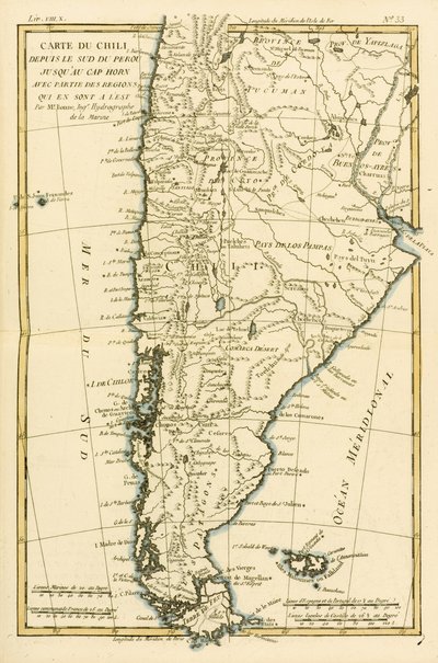 Chile, Peru déli részétől a Horn-fokig, Guillaume Raynal (1713-96) „Atlas de Toutes les Parties Connues du Globe Terrestre” című művéből, Genf, 1780 alkotó: Charles Marie Rigobert Bonne