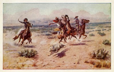 Cowboyok üldöznek egy préri farkast alkotó: Charles Marion Russell