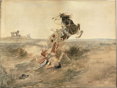 Elesett indián harcos, 1886 körül (akvarell és grafit, krémszínű vattapapírra) alkotó: Charles Marion Russell