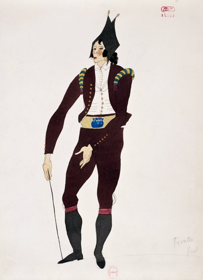 Gioacchino Rossini A sevillai borbély Fiorello karakterének jelmeze, Charles Martin vázlata (1884-1934) alkotó: Charles Martin