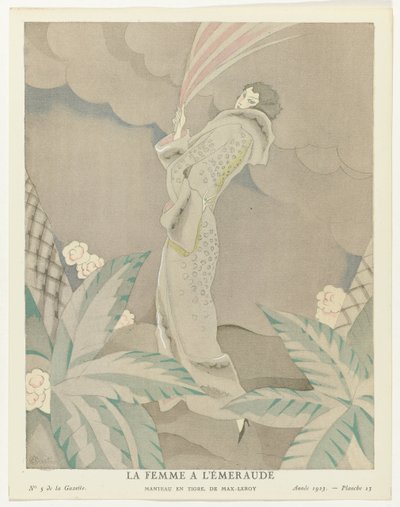 Gazette du Bon Ton 1923, No. 5, Pl. 23: The Emerald Woman – Tigriskabát, Max-Leroy (cím a tárgyon) alkotó: Charles Martin