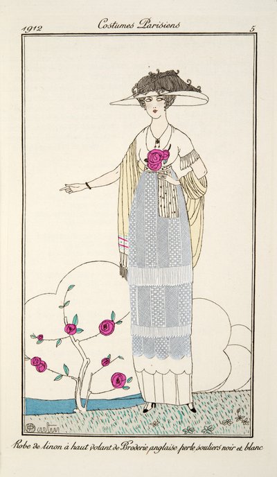 Pázsitruha Broderie Anglaise gyöngyház fekete-fehér cipők magas hajlításával, 5. tábla, Costumes Parisiens, Journal des Dames et des Modes, 1912 (kézzel festett gravírozás) alkotó: Charles Martin