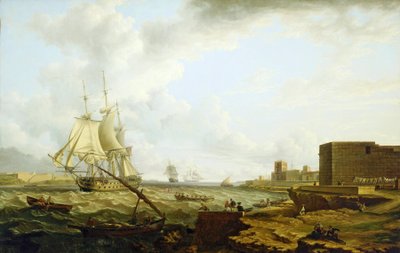 A Brit Királyi Haditengerészet harmadik osztályú hadihajója behajózik Port Mahonba (Spanyolország), jobbra egy kis hajó, amely tiszteket szállít a dokkba. alkotó: Charles Martin Powell