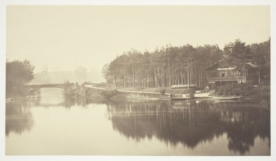 Cím nélkül, c. 1850. [Híd és faház a Bois de Boulogne-ban, egy párizsi park]. alkotó: Charles Marville