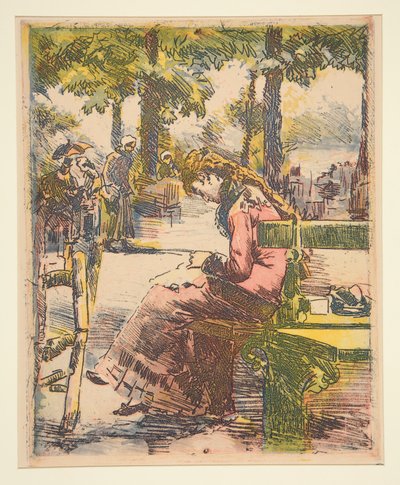 Fiatal lány egy padon, varrás alkotó: Charles Maurin