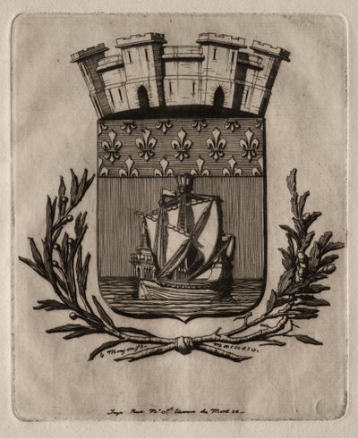 Párizs rézkarcai: Párizs városának szimbolikus karjai, 1854. alkotó: Charles Meryon