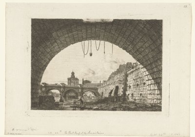 Gezicht op Pont-Neuf van onder boog Pont-au-Change Párizsban A Pont Neuf és a Samaritaine a Pont au Change első íve alól alkotó: Charles Meryon