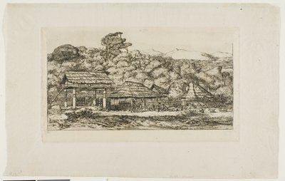 Bennszülött pajták és kunyhók Akaroa-ban, Banks-félsziget, 1845 alkotó: Charles Meryon